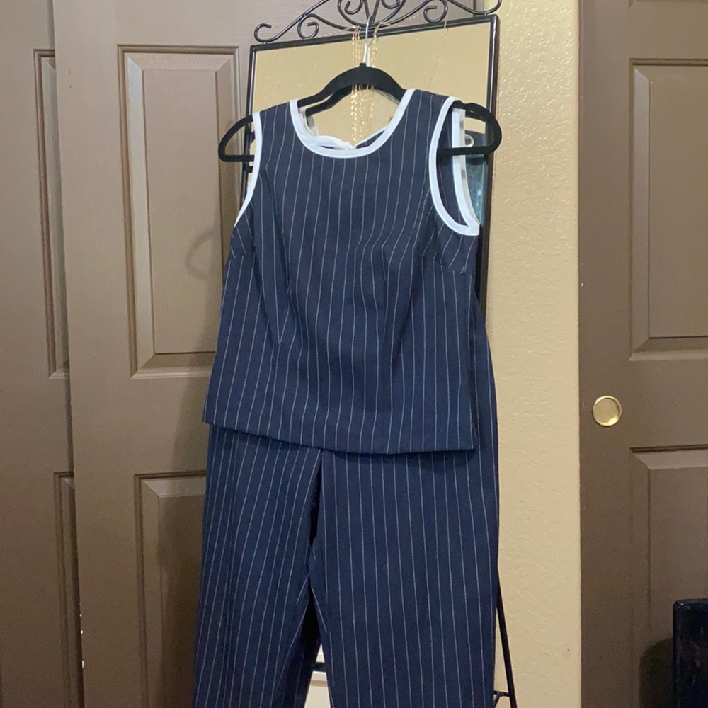 Navy and white stripped pantsuit